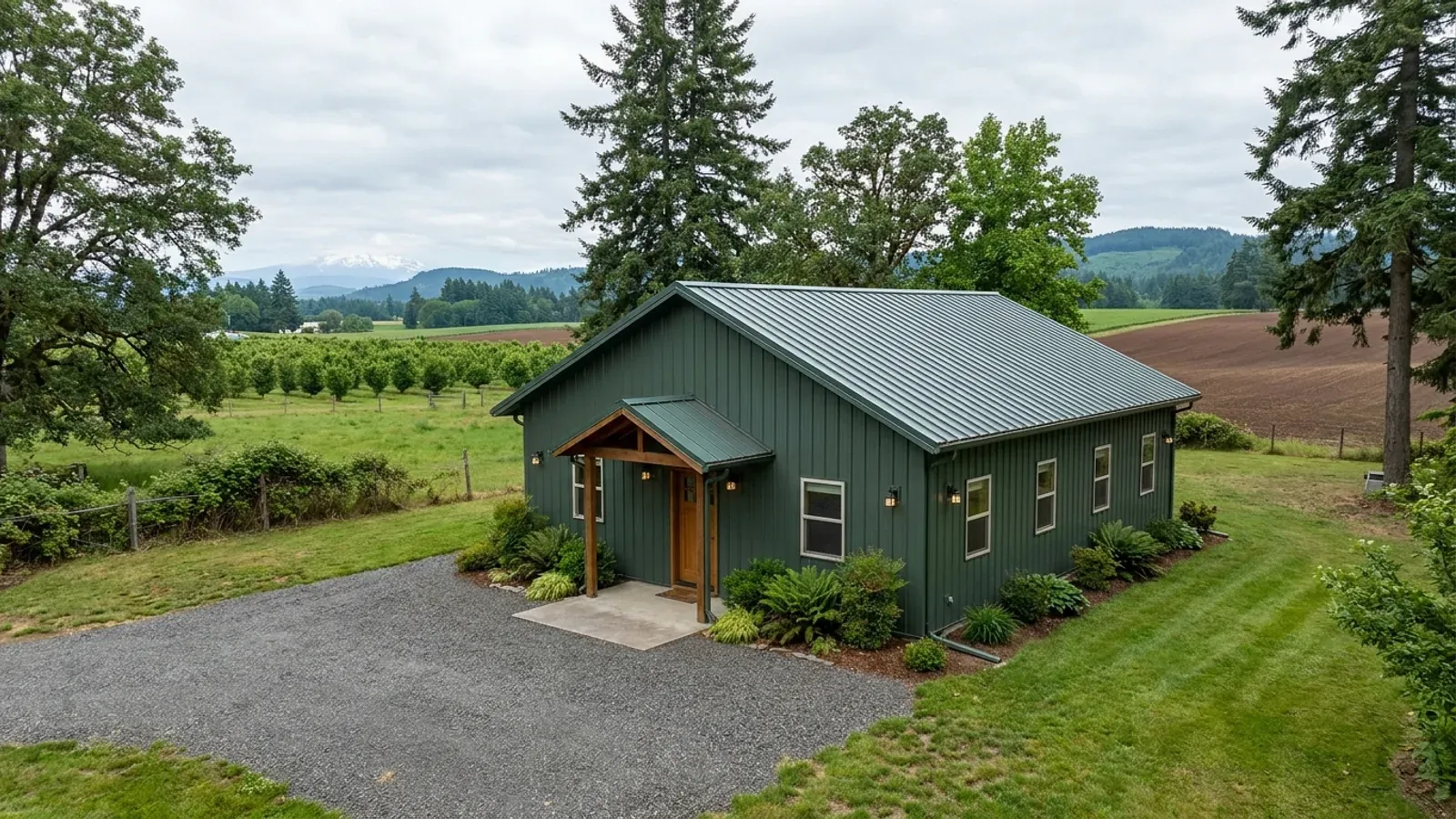 A compact 30x40 barndominium sized like a starter home or cabin, with a covered entry porch and no large shop bay.
