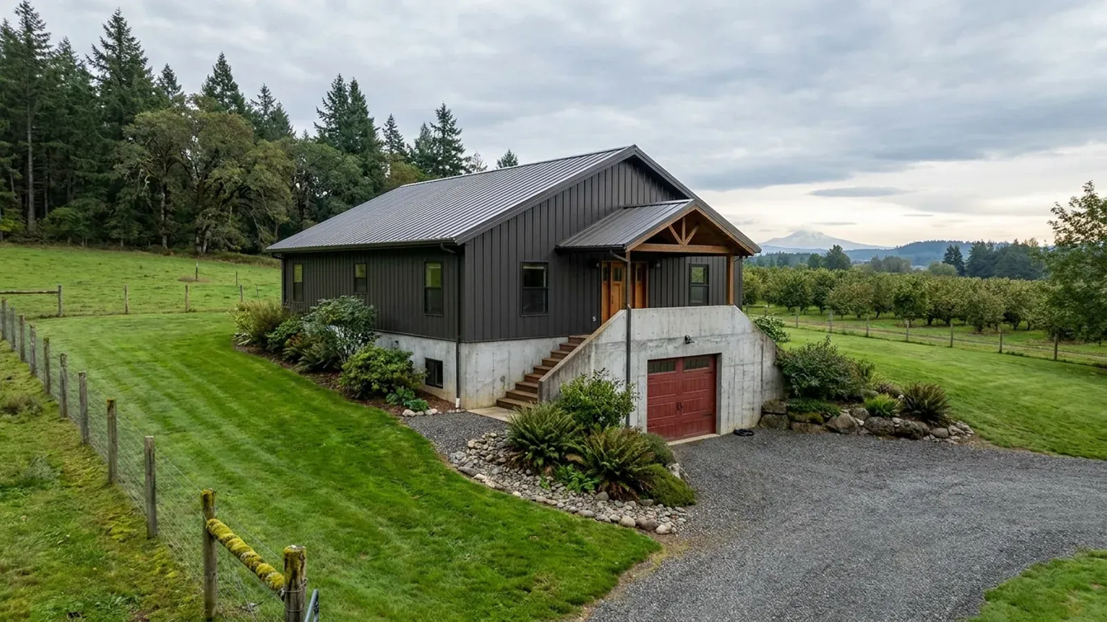 A barndominium raised on a stem-wall foundation with steps up to the entry and enclosed storage space beneath the elevated floor.