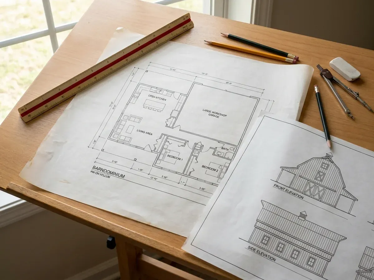 Barndominium floor plan and elevation drawings laid out on a drafting table with a scale rule.