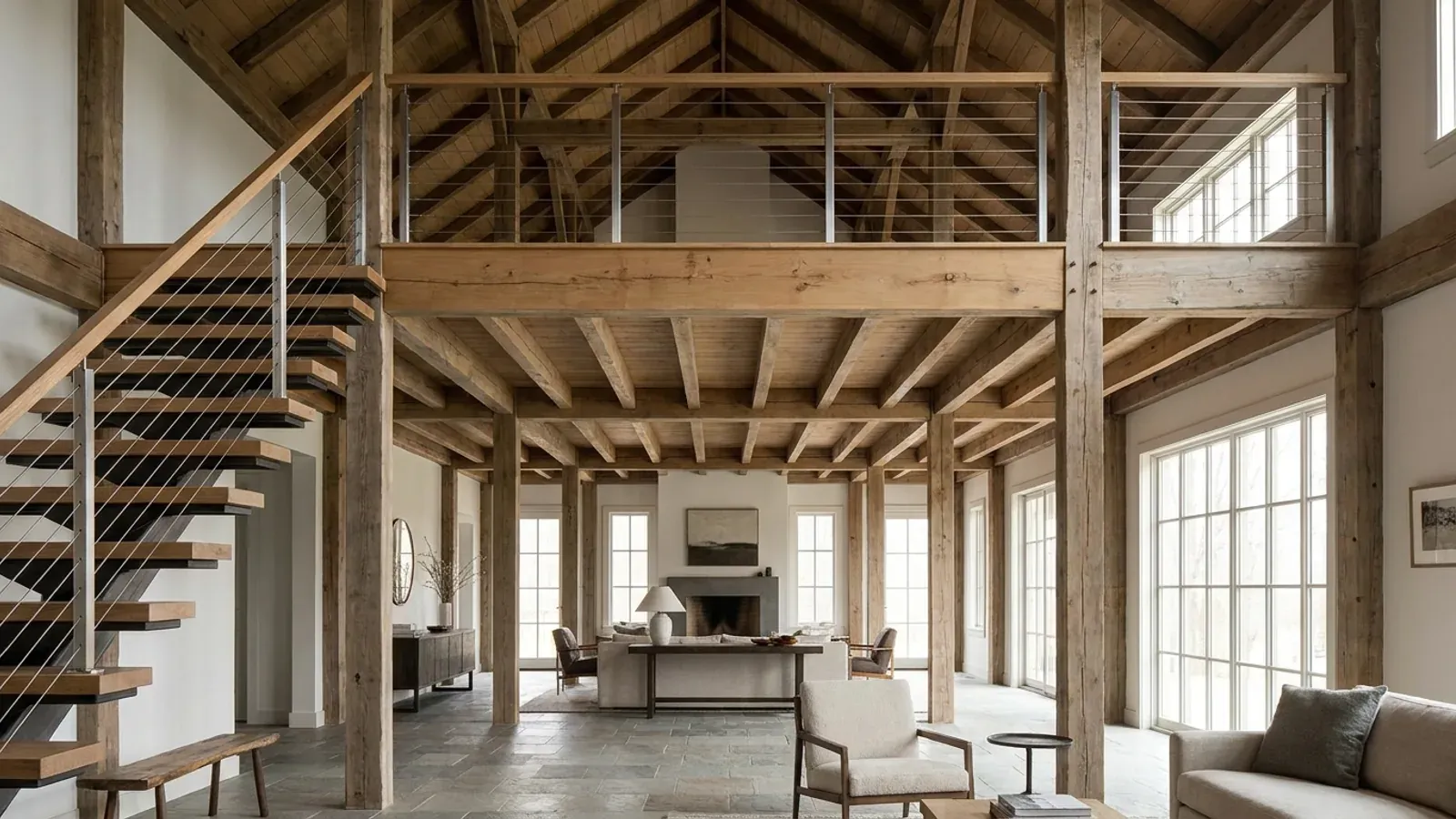 A barndominium great room with an open loft level and railing built over part of the room, reached by an open staircase.