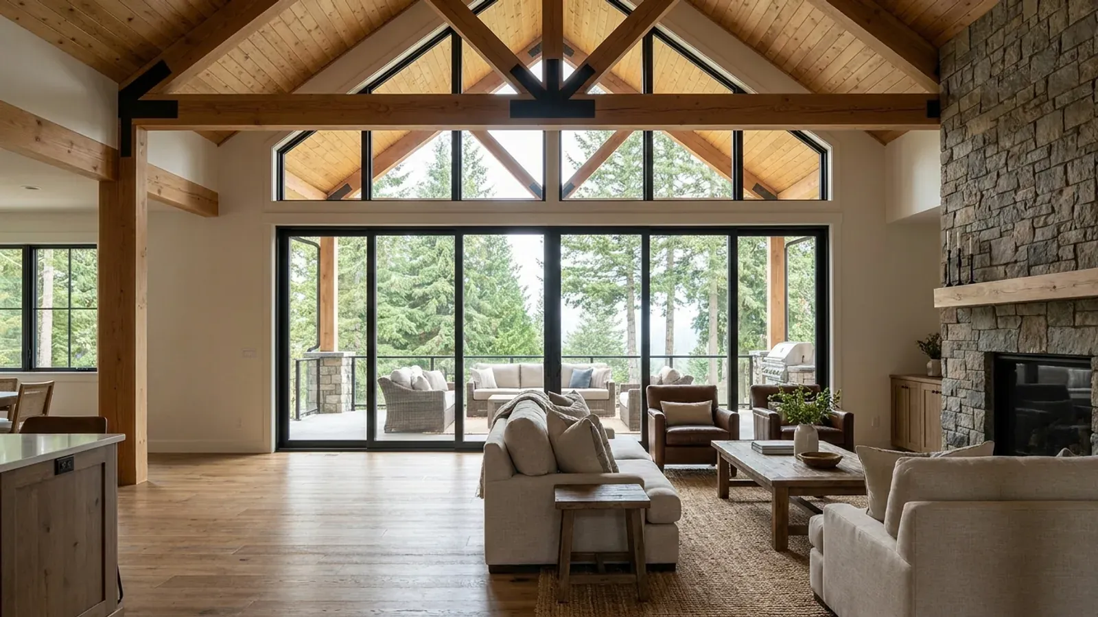 A vaulted barndominium great room with exposed wood trusses, a wall of glazed sliding doors, and a stone-clad fireplace.