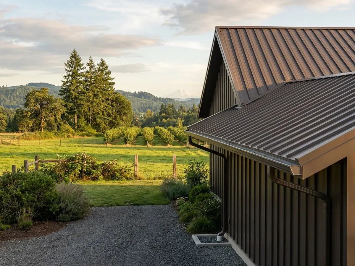 Exterior detail of a metal-clad home showing standing seam roofing, vertical wall panels, and a downspout discharging away from the wall.