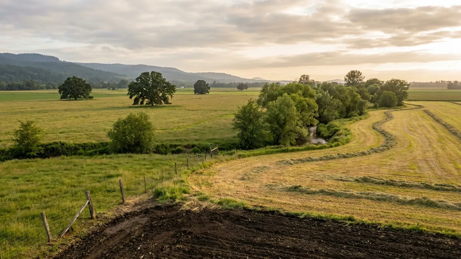 Flat mid-Willamette Valley grass-seed fields with scattered Oregon white oaks and low forested foothills to the west.