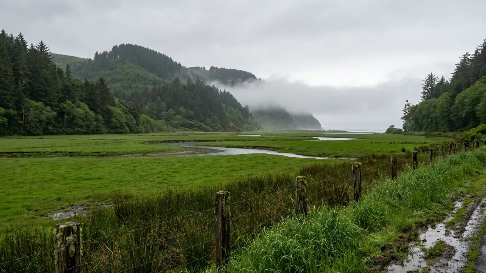 Green pasture on a coastal river bottom in Oregon, with steep spruce and hemlock hills behind and sea fog lying in the valley mouth.