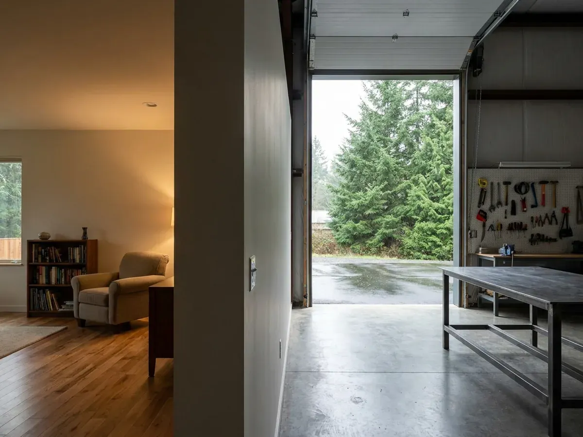 The interior of a shouse where a finished living area with warm flooring meets a shop bay with polished concrete and a tall roll-up door.